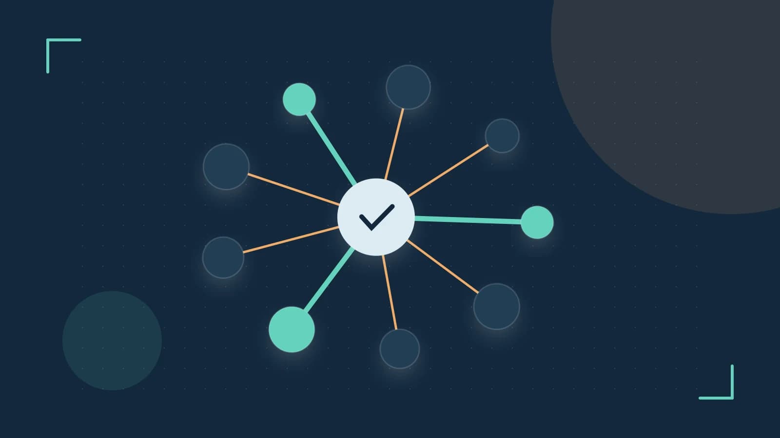 Editorial illustration of an algorithmic node graph with branching paths and a highlighted result