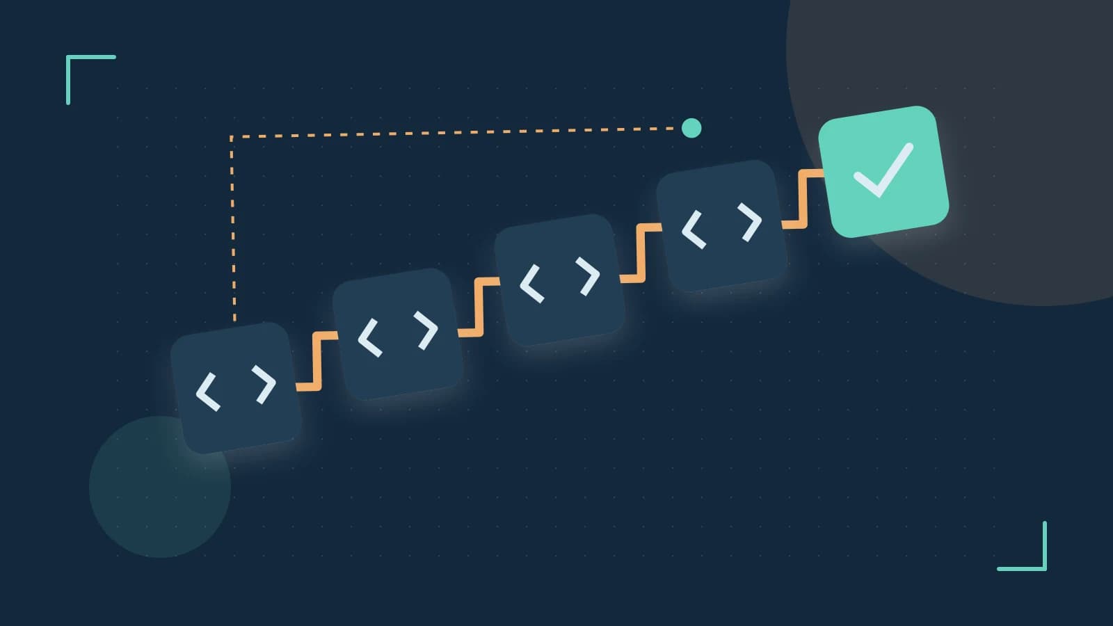 Editorial illustration of a branching build pipeline, staged transformations and a completed check