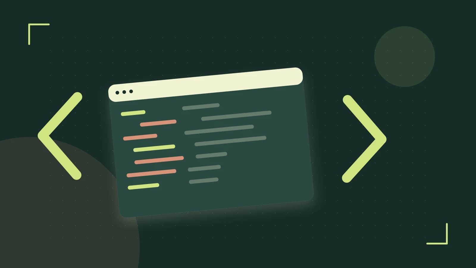 Editorial illustration of an abstract code editor, syntax blocks and oversized programming brackets