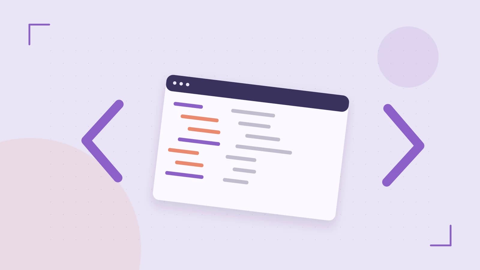 Editorial illustration of an abstract code editor, syntax blocks and oversized programming brackets