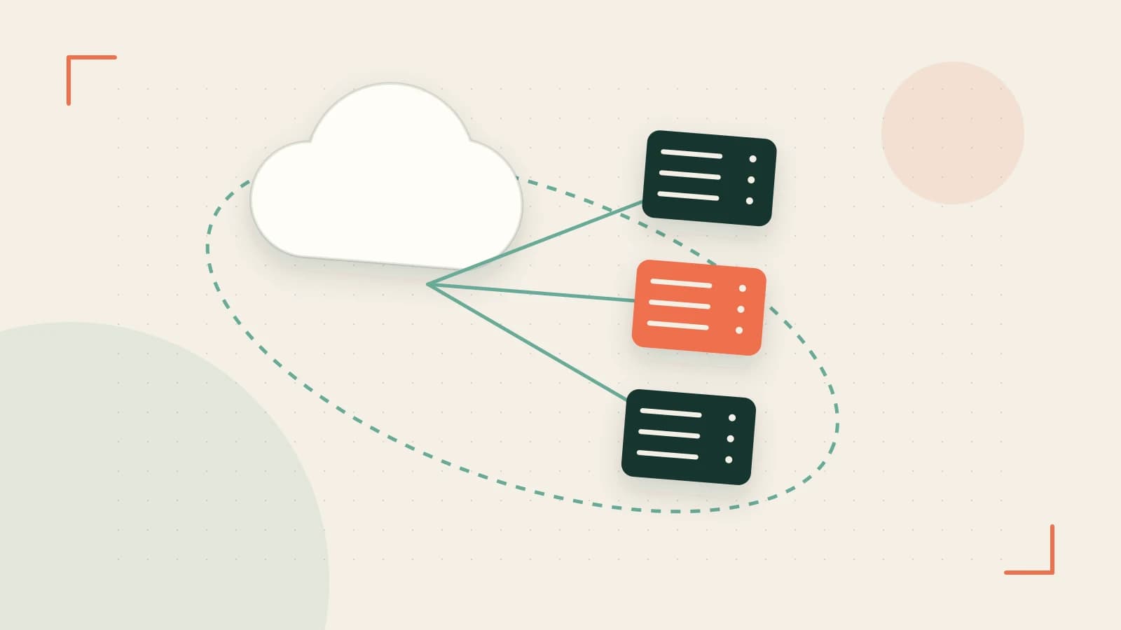 Editorial illustration of cloud infrastructure, connected server racks and an orbital service map