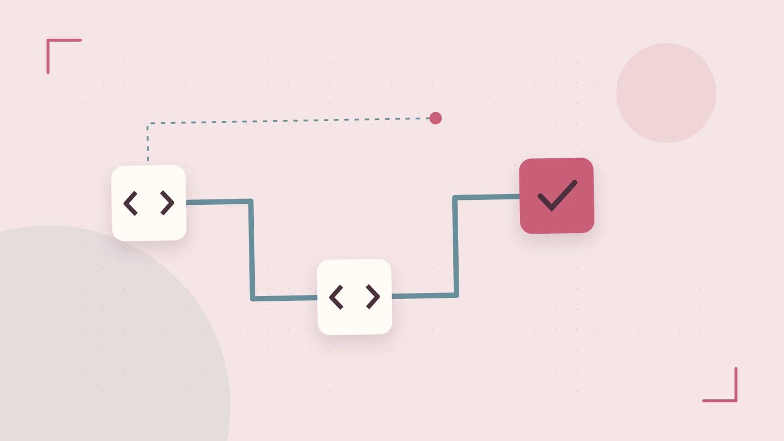 Editorial illustration of a branching build pipeline, staged transformations and a completed check