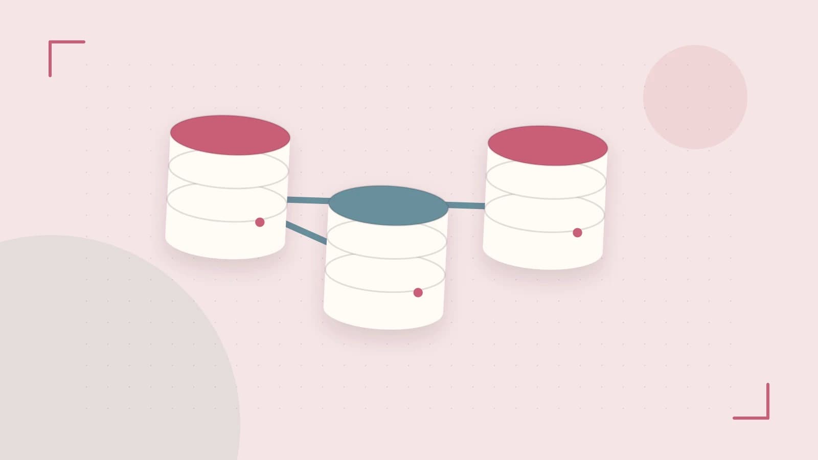 Editorial illustration of structured records, database cylinders and relationships between tables