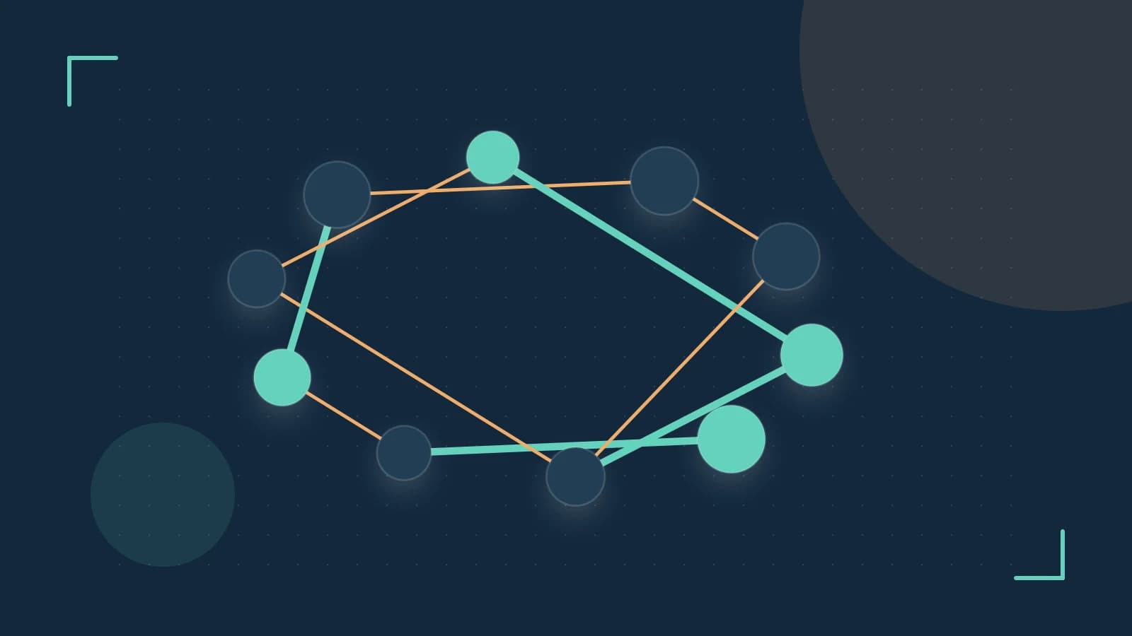 Editorial illustration of an algorithmic node graph with branching paths and a highlighted result