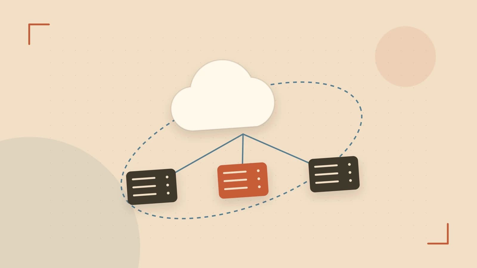 Editorial illustration of cloud infrastructure, connected server racks and an orbital service map