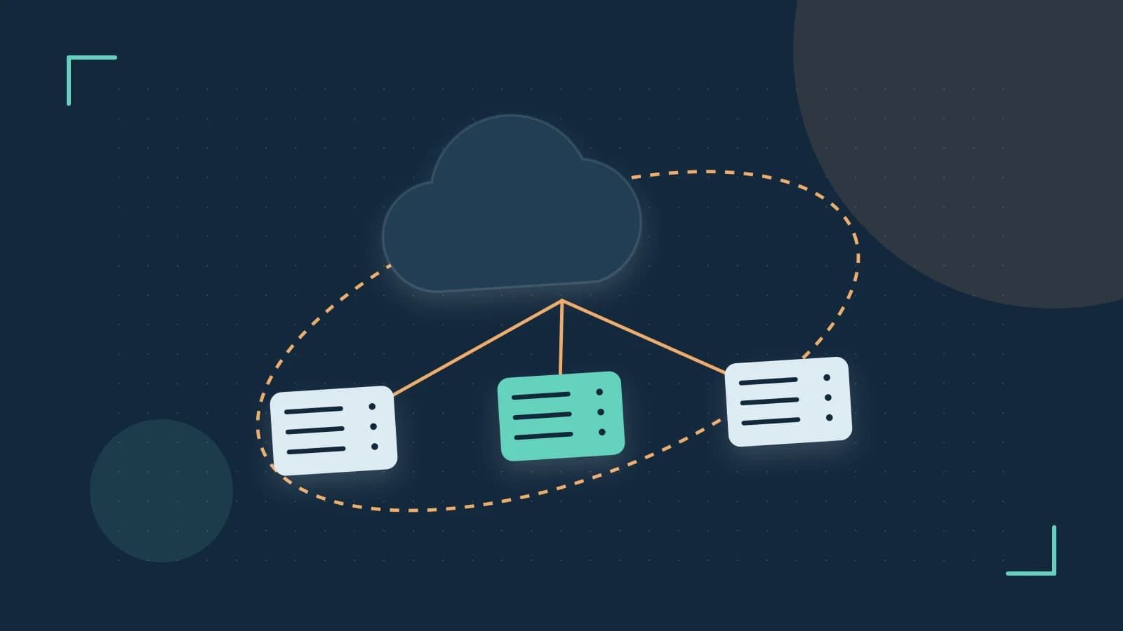 Editorial illustration of cloud infrastructure, connected server racks and an orbital service map