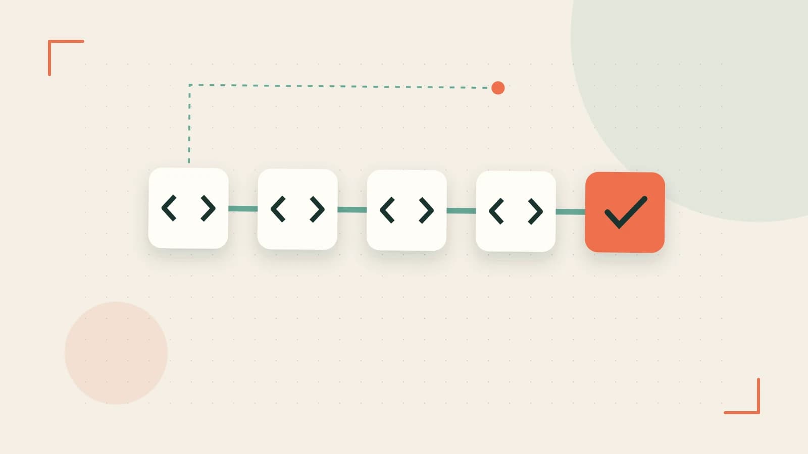 Editorial illustration of a branching build pipeline, staged transformations and a completed check