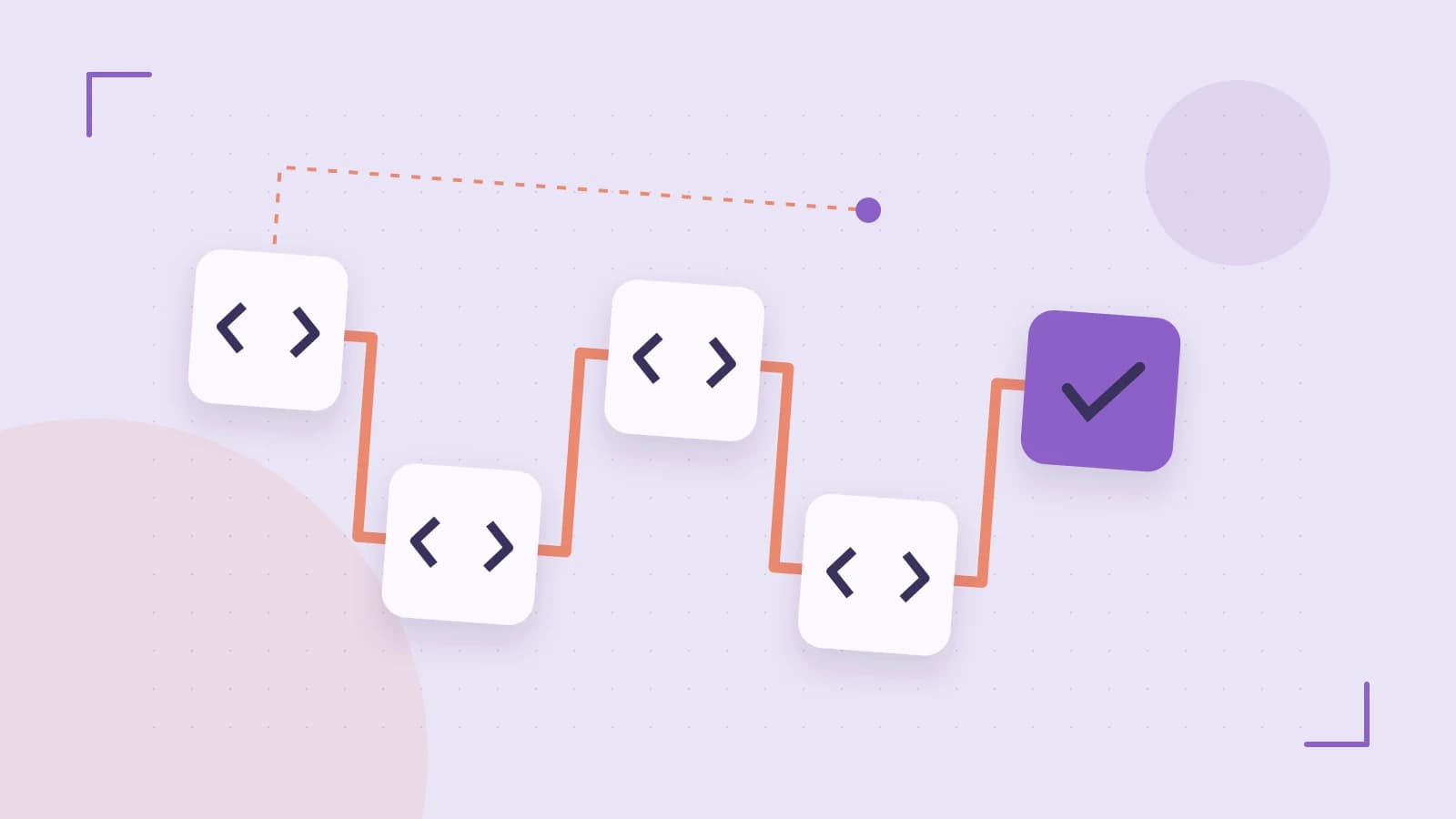 Editorial illustration of a branching build pipeline, staged transformations and a completed check