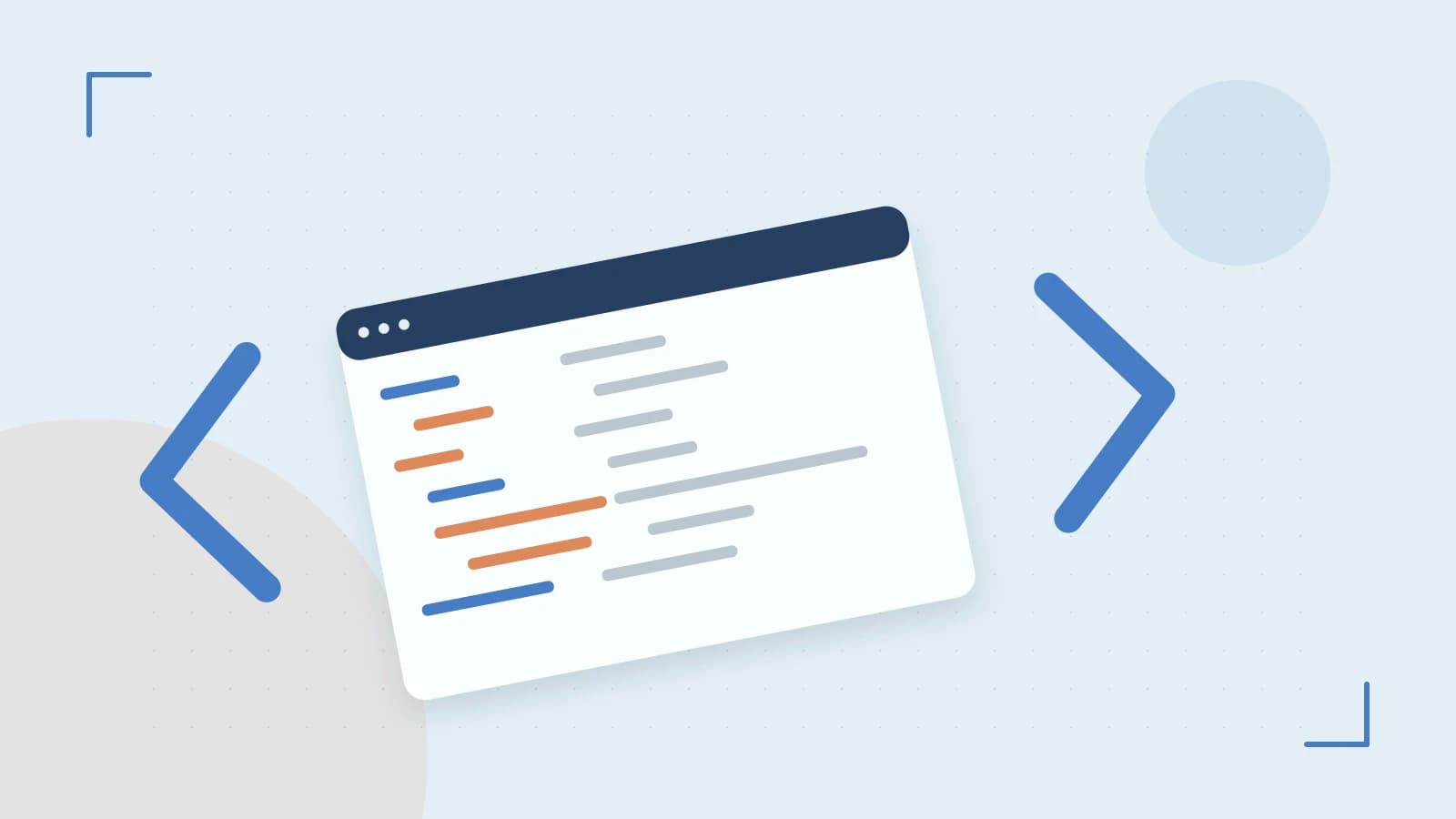 Editorial illustration of an abstract code editor, syntax blocks and oversized programming brackets