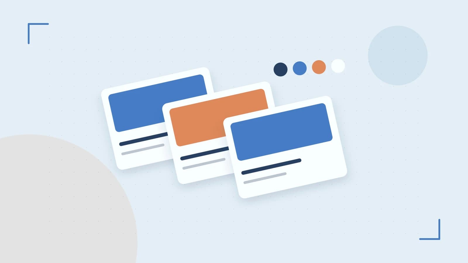 Editorial illustration of responsive browser layouts, overlapping design components and a color system