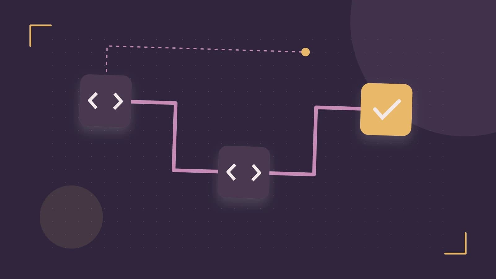 Editorial illustration of a branching build pipeline, staged transformations and a completed check