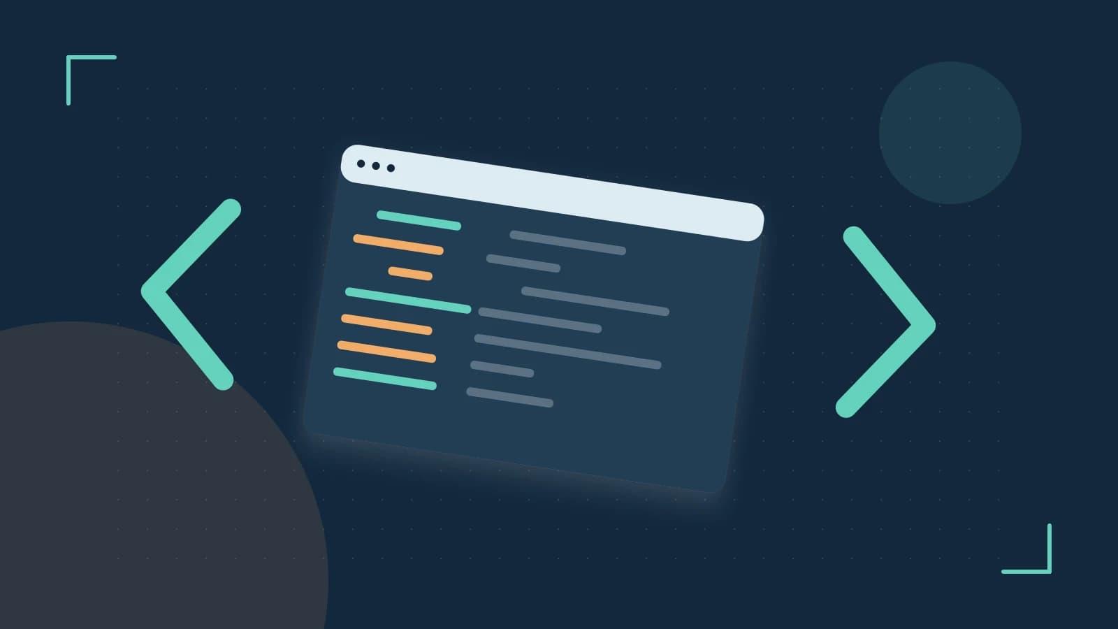 Editorial illustration of an abstract code editor, syntax blocks and oversized programming brackets