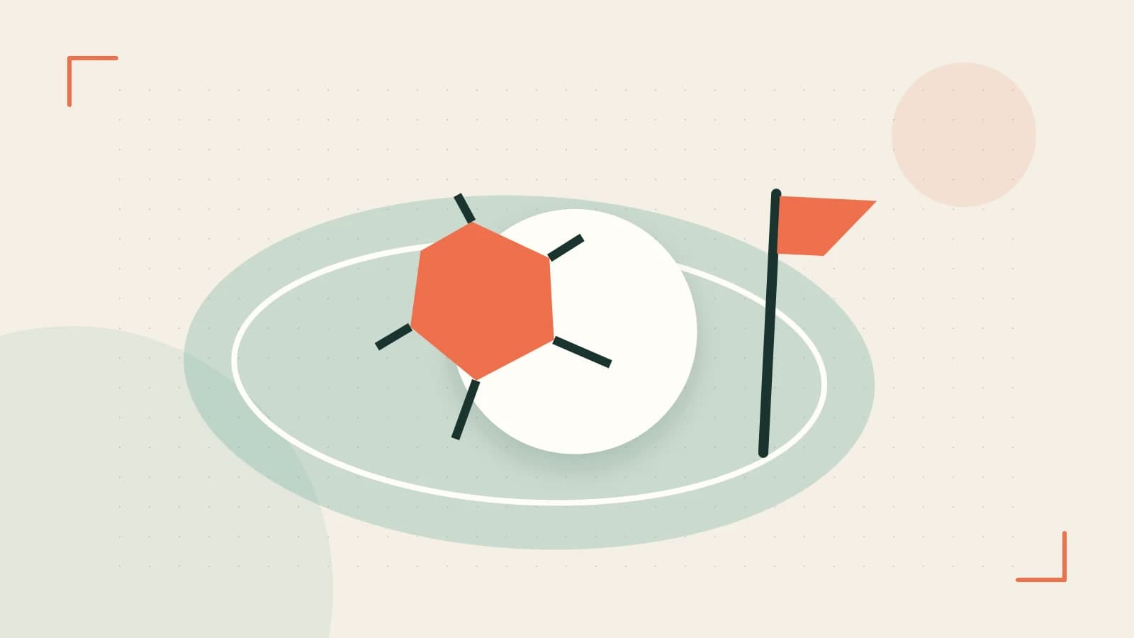 Editorial illustration of a stylized sports ball, stadium geometry and dynamic arcs