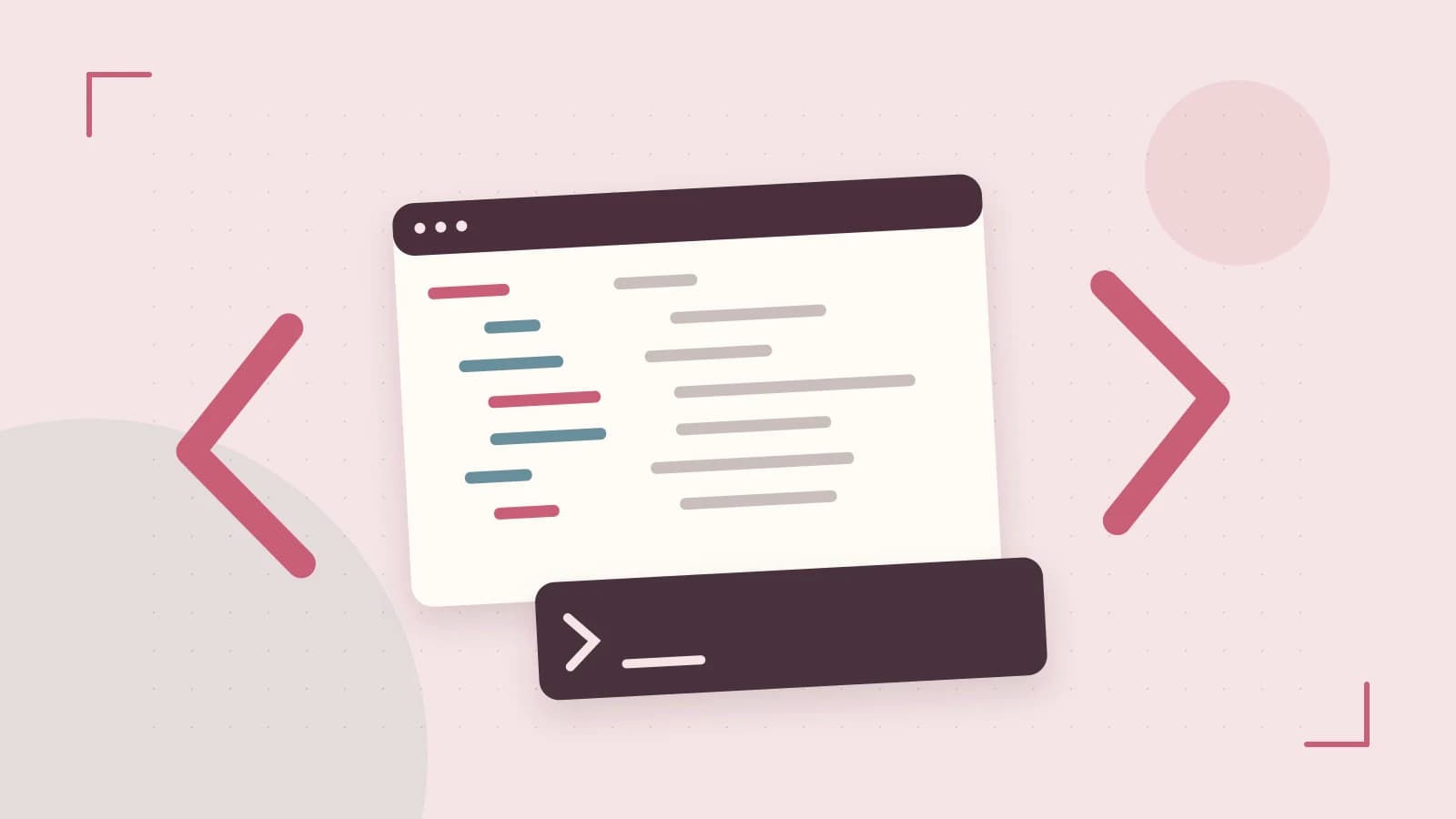 Editorial illustration of an abstract code editor, syntax blocks and oversized programming brackets