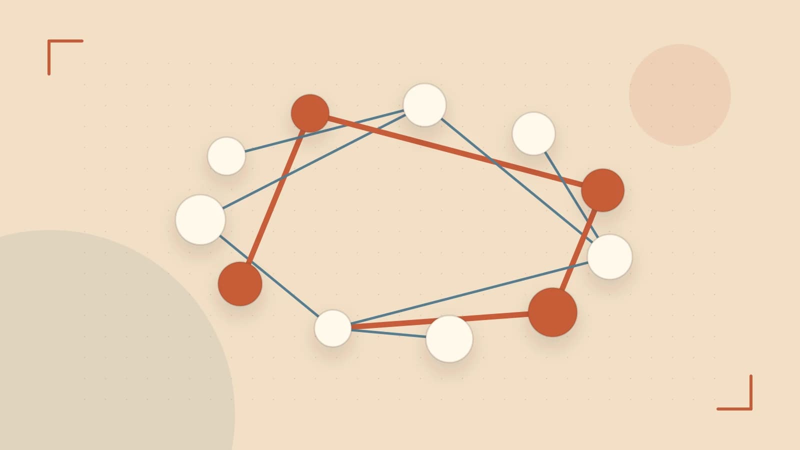 Editorial illustration of an algorithmic node graph with branching paths and a highlighted result