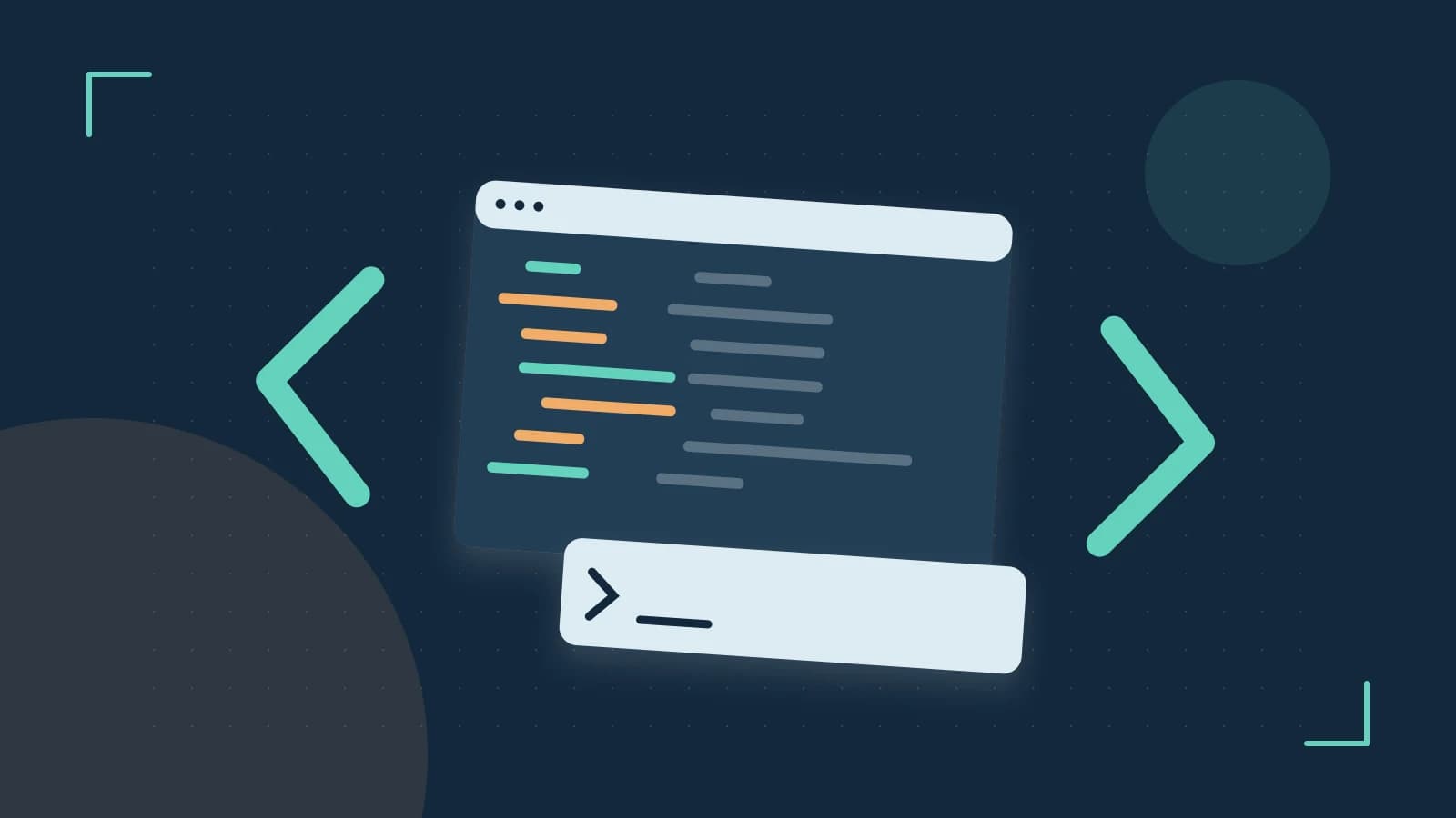 Editorial illustration of an abstract code editor, syntax blocks and oversized programming brackets