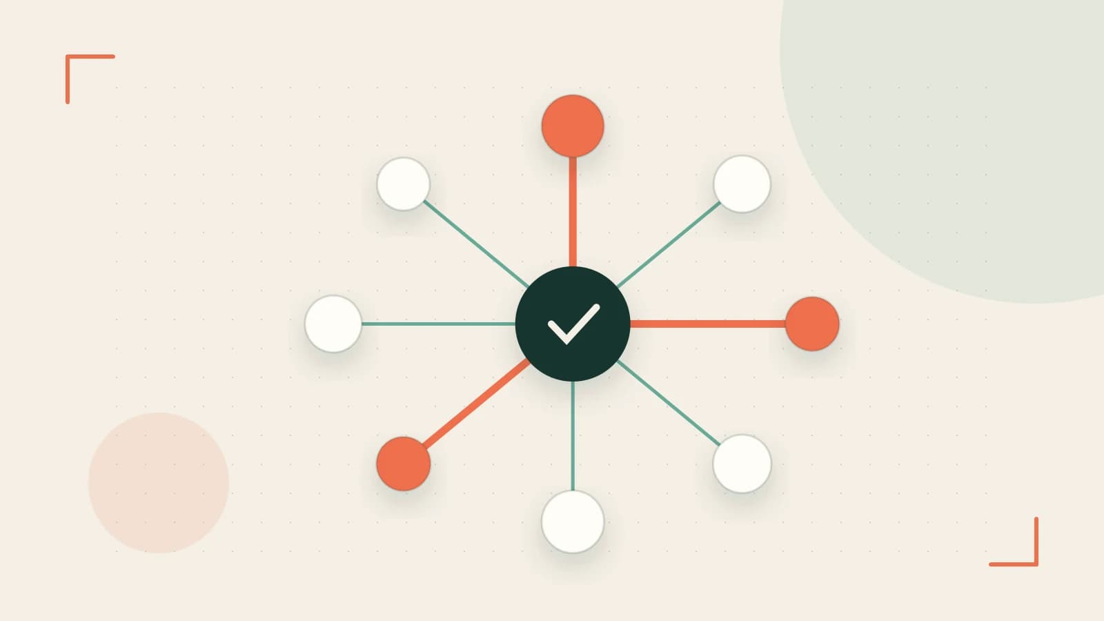 Editorial illustration of an algorithmic node graph with branching paths and a highlighted result