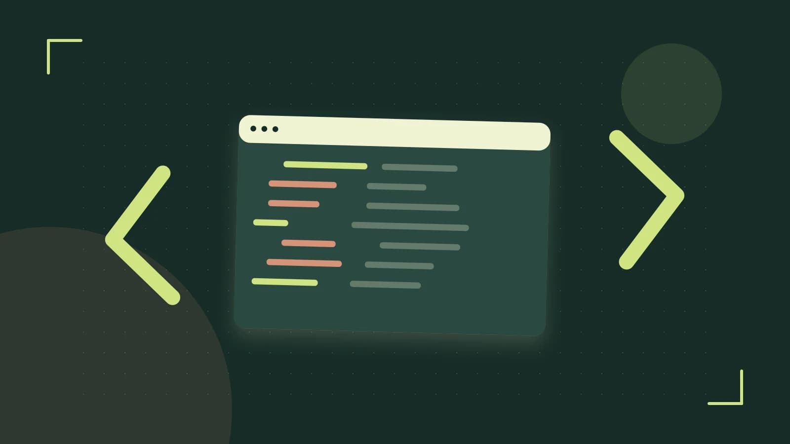 Editorial illustration of an abstract code editor, syntax blocks and oversized programming brackets