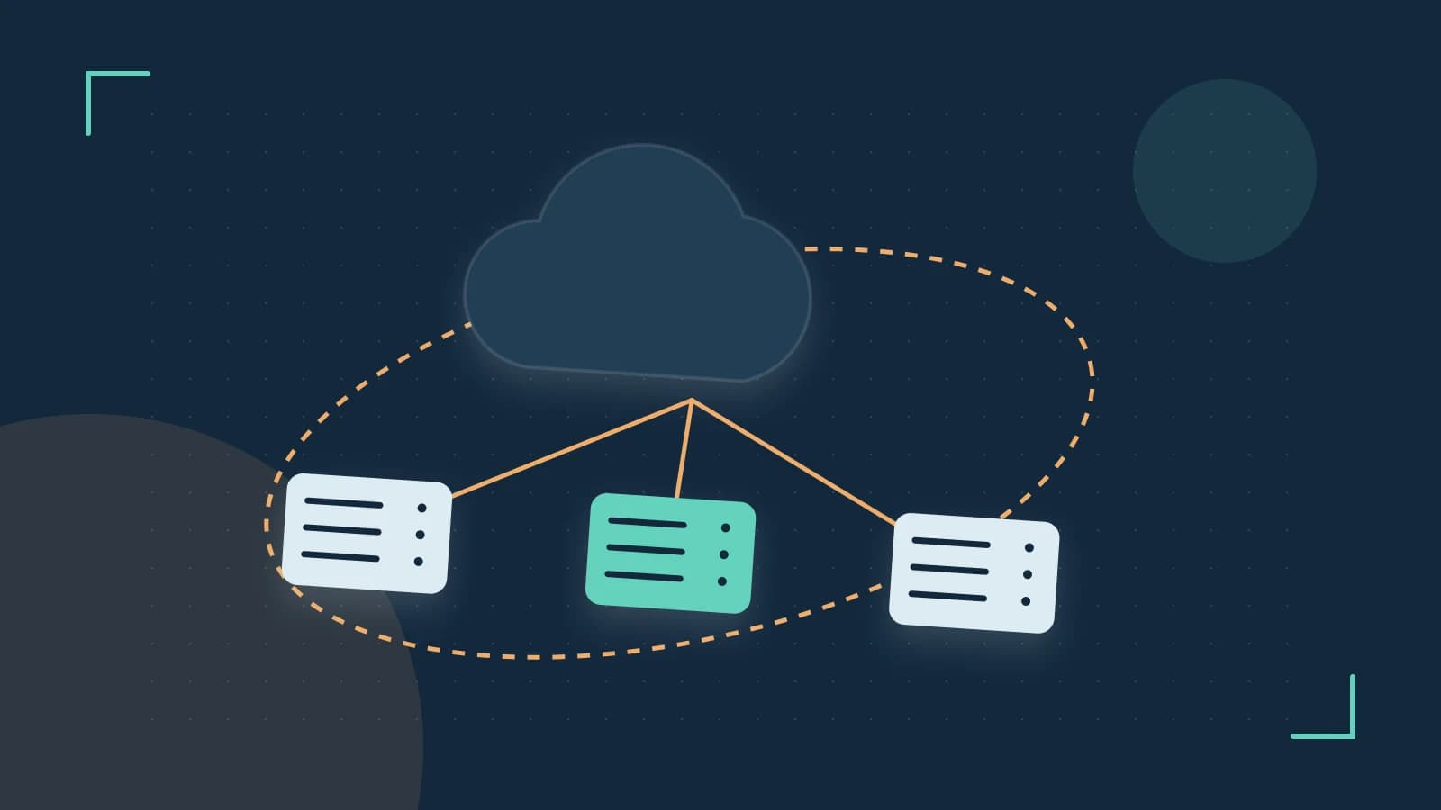 Editorial illustration of cloud infrastructure, connected server racks and an orbital service map