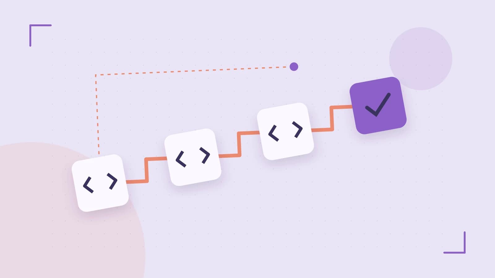 Editorial illustration of a branching build pipeline, staged transformations and a completed check