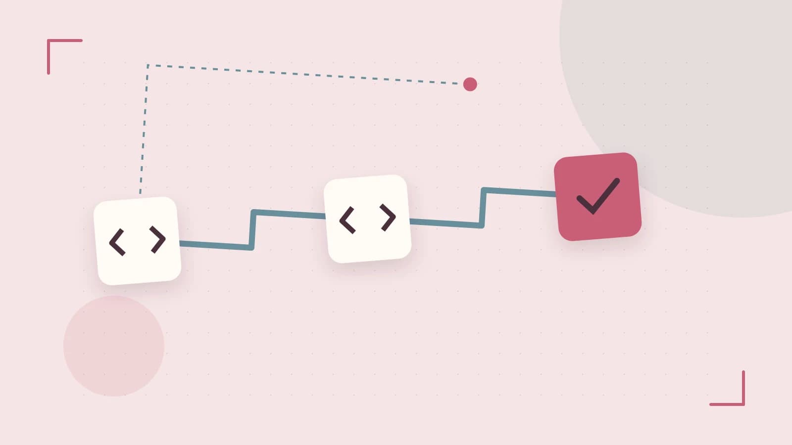 Editorial illustration of a branching build pipeline, staged transformations and a completed check