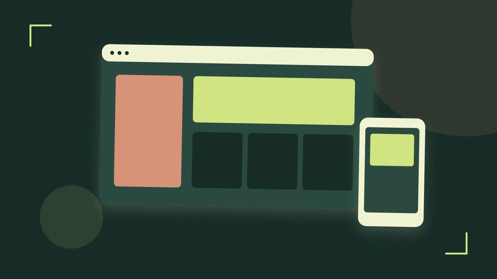 Editorial illustration of responsive browser layouts, overlapping design components and a color system