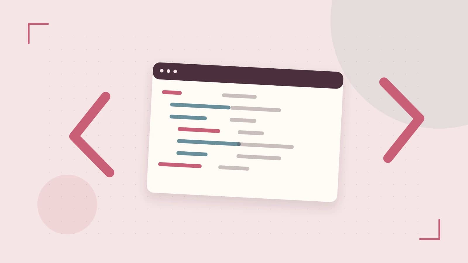 Editorial illustration of an abstract code editor, syntax blocks and oversized programming brackets