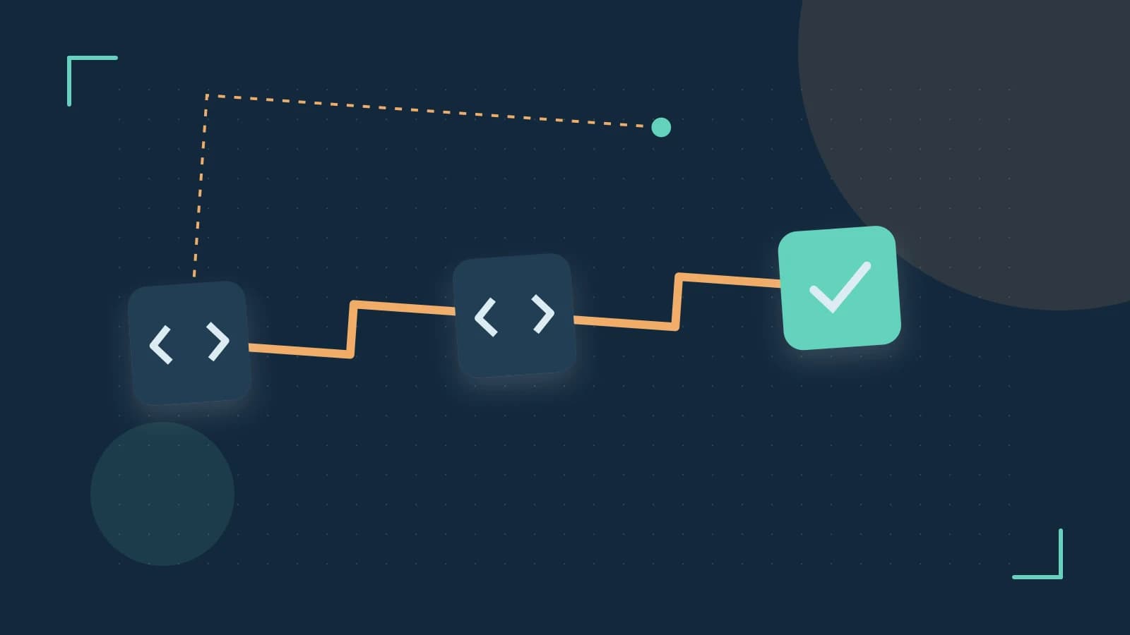 Editorial illustration of a branching build pipeline, staged transformations and a completed check