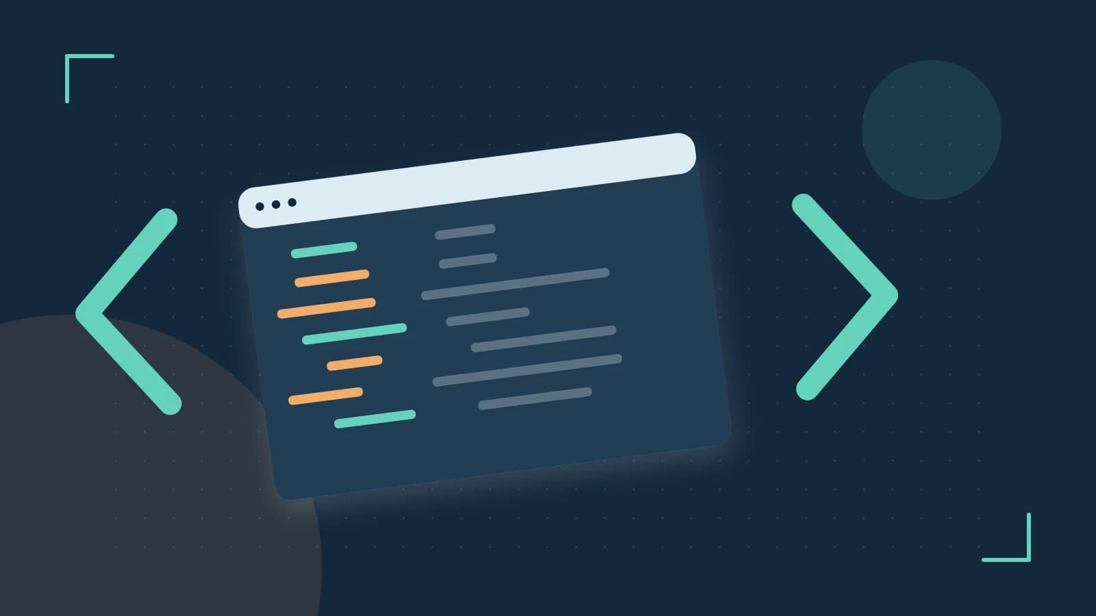 Editorial illustration of an abstract code editor, syntax blocks and oversized programming brackets