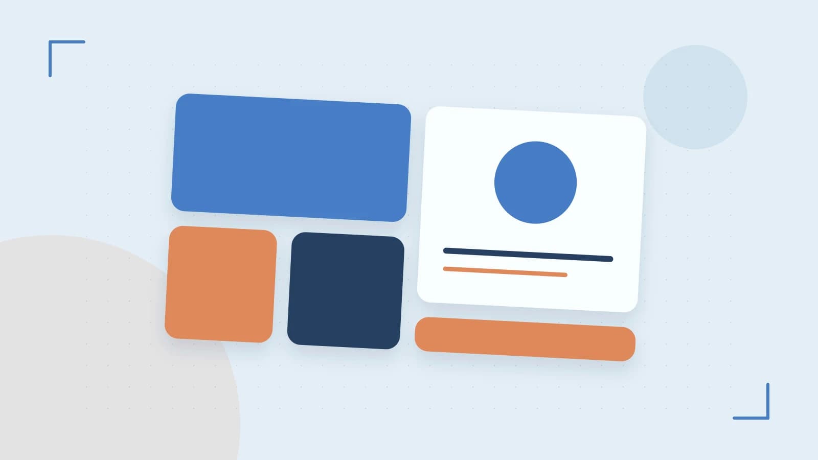 Editorial illustration of responsive browser layouts, overlapping design components and a color system