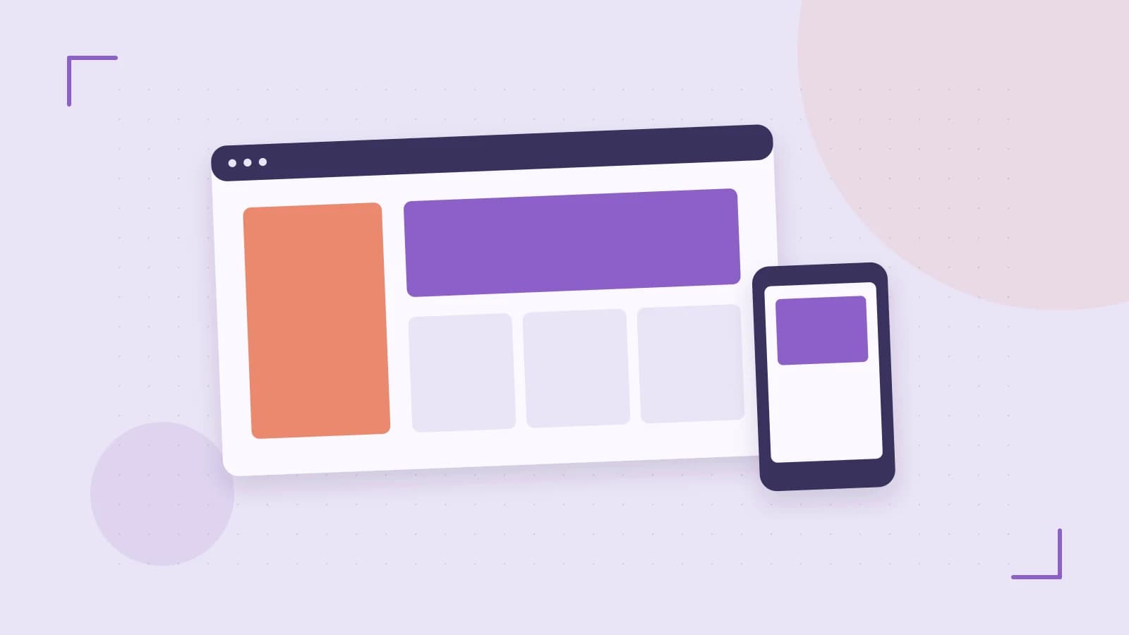 Editorial illustration of responsive browser layouts, overlapping design components and a color system