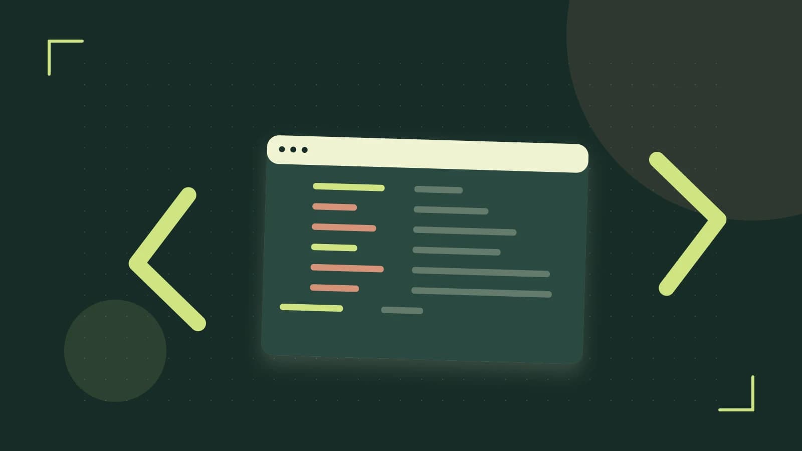 Editorial illustration of an abstract code editor, syntax blocks and oversized programming brackets