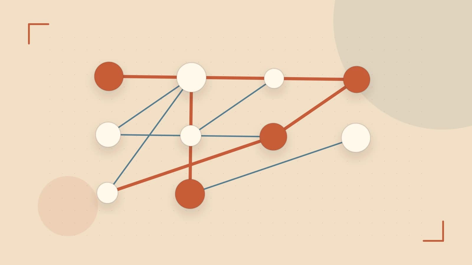 Editorial illustration of an algorithmic node graph with branching paths and a highlighted result