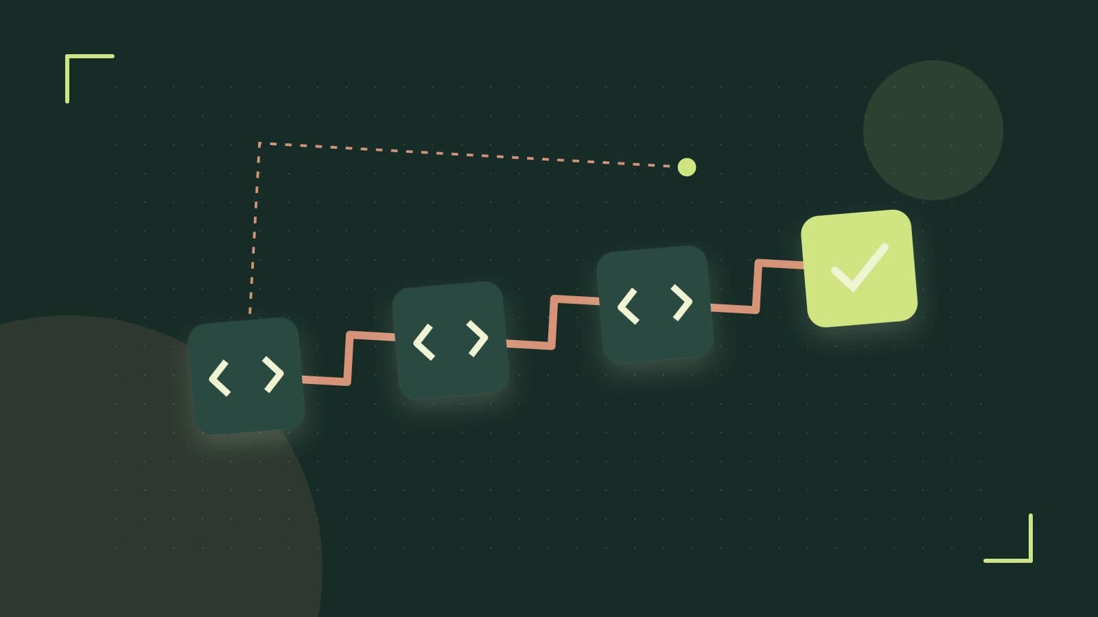 Editorial illustration of a branching build pipeline, staged transformations and a completed check