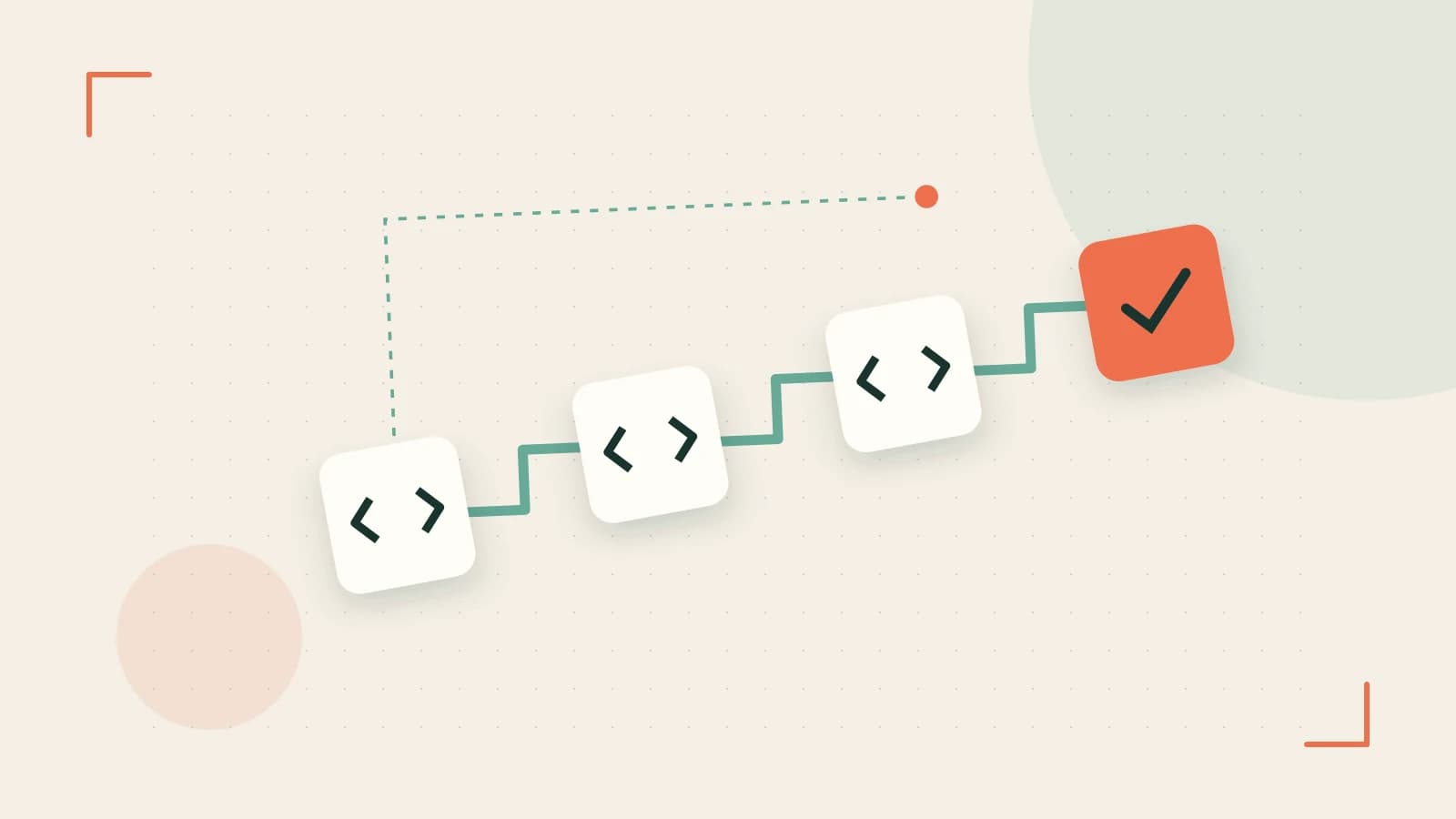 Editorial illustration of a branching build pipeline, staged transformations and a completed check