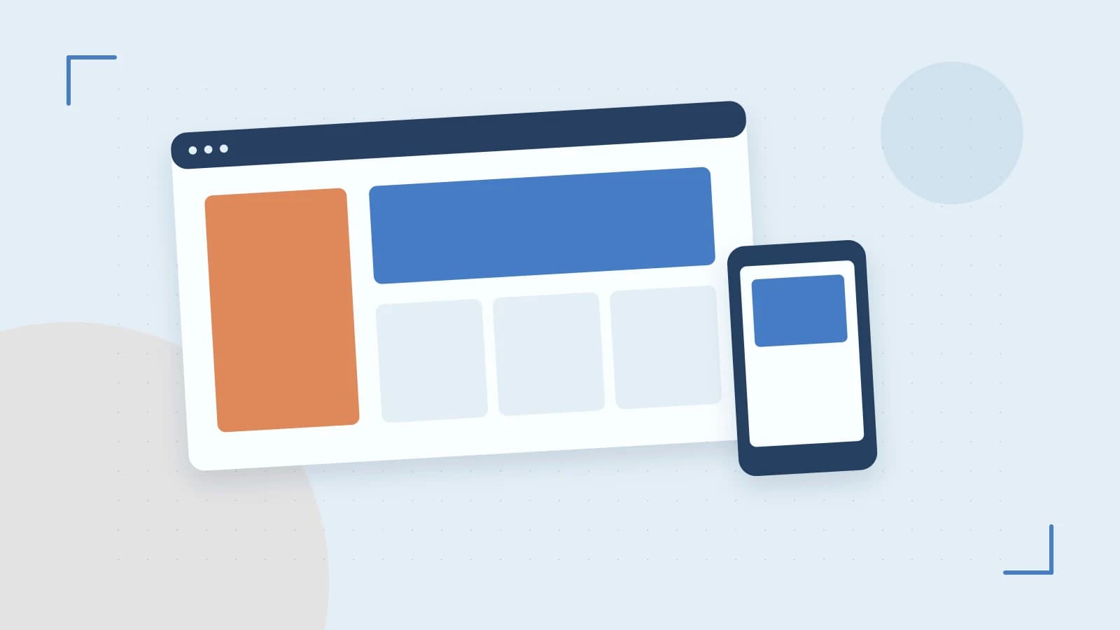 Editorial illustration of responsive browser layouts, overlapping design components and a color system