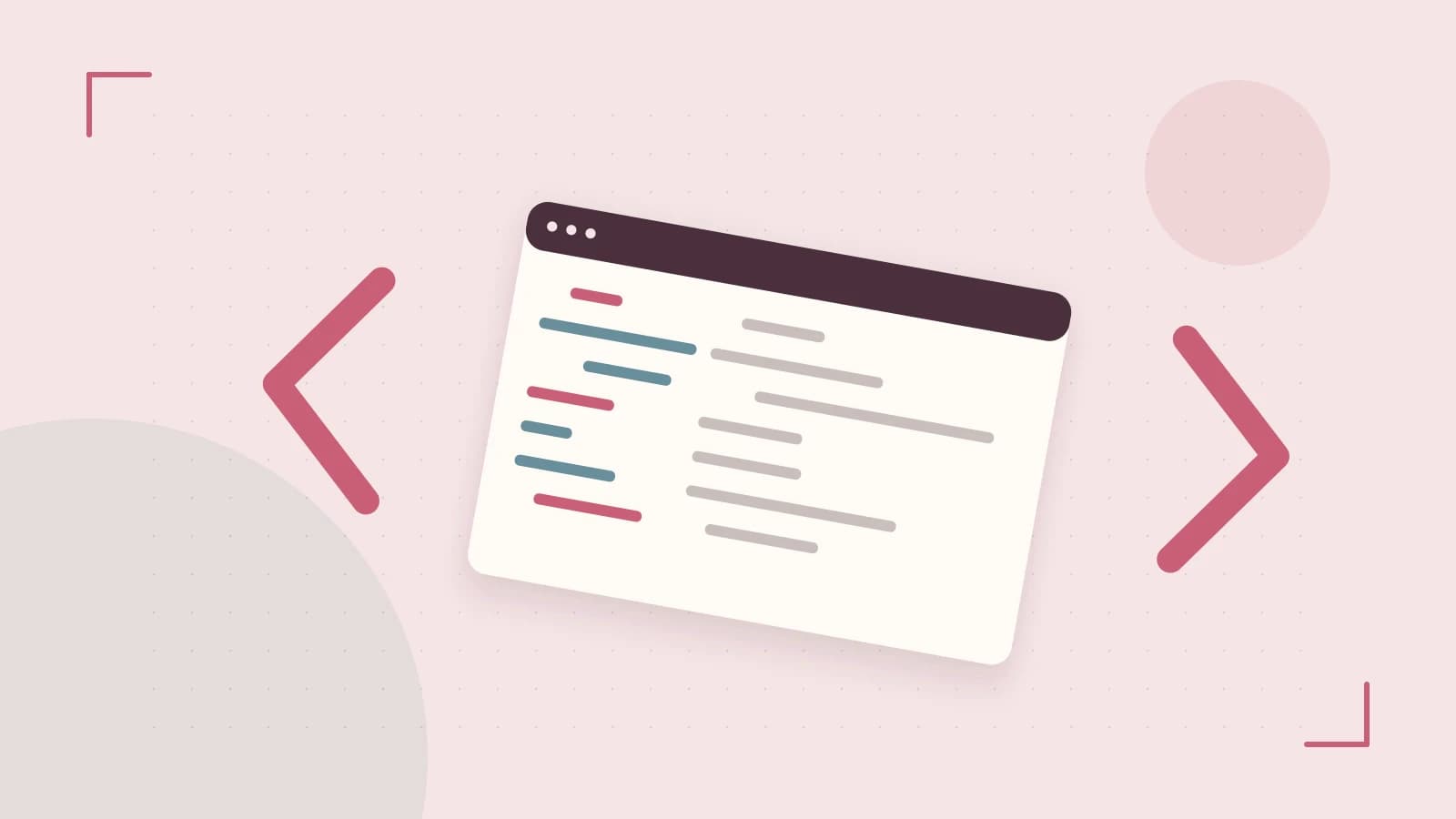 Editorial illustration of an abstract code editor, syntax blocks and oversized programming brackets