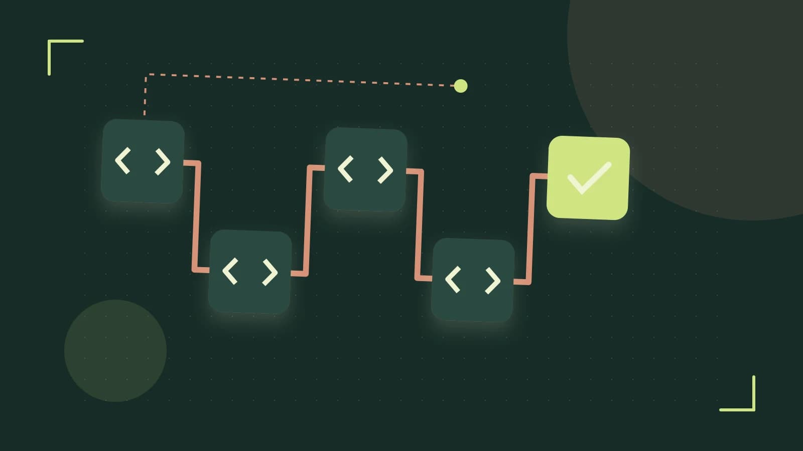 Editorial illustration of a branching build pipeline, staged transformations and a completed check