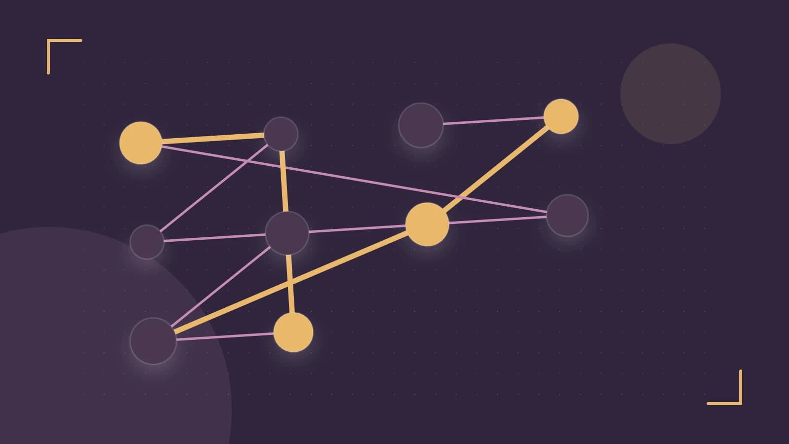 Editorial illustration of an algorithmic node graph with branching paths and a highlighted result