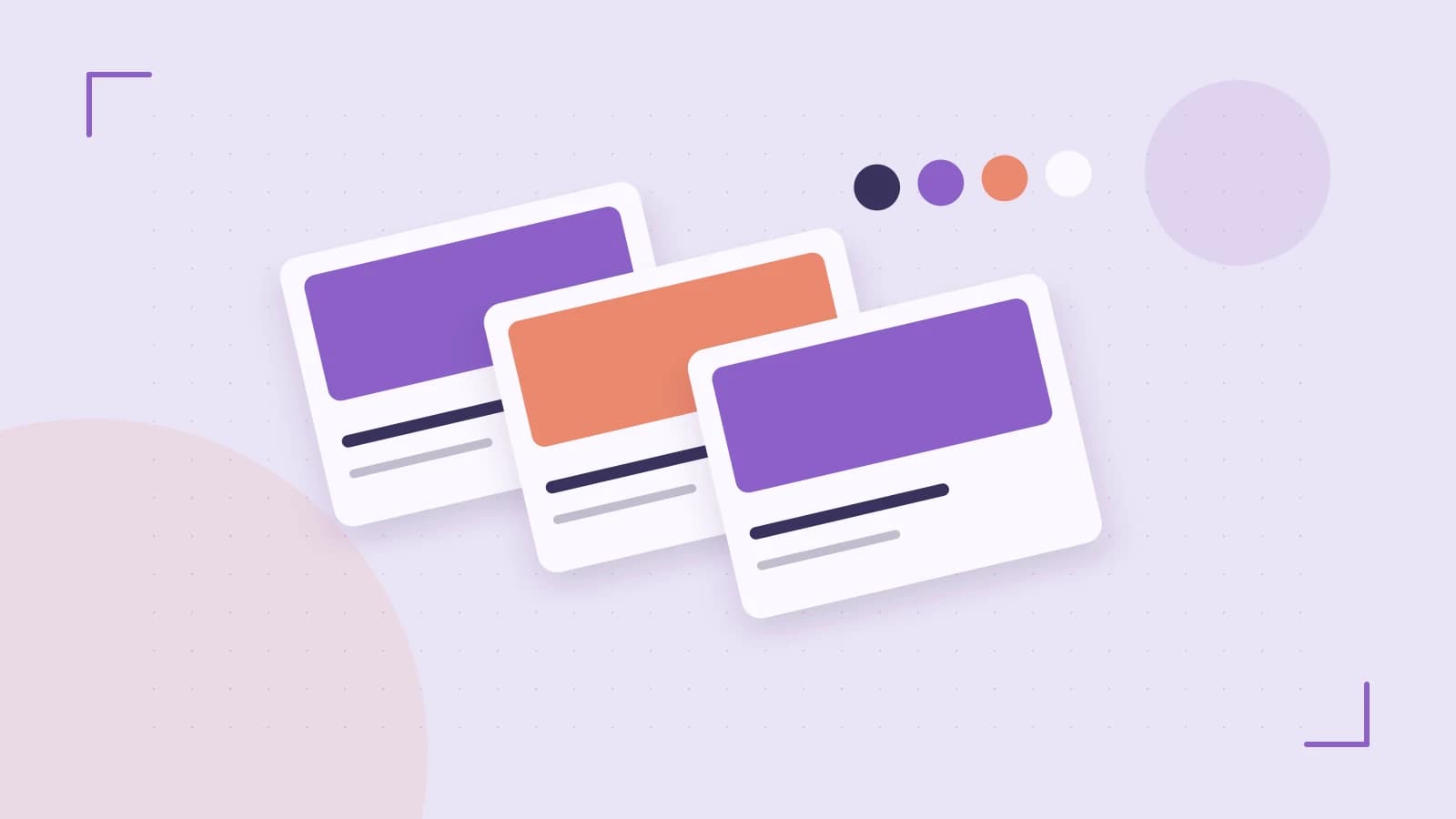 Editorial illustration of responsive browser layouts, overlapping design components and a color system