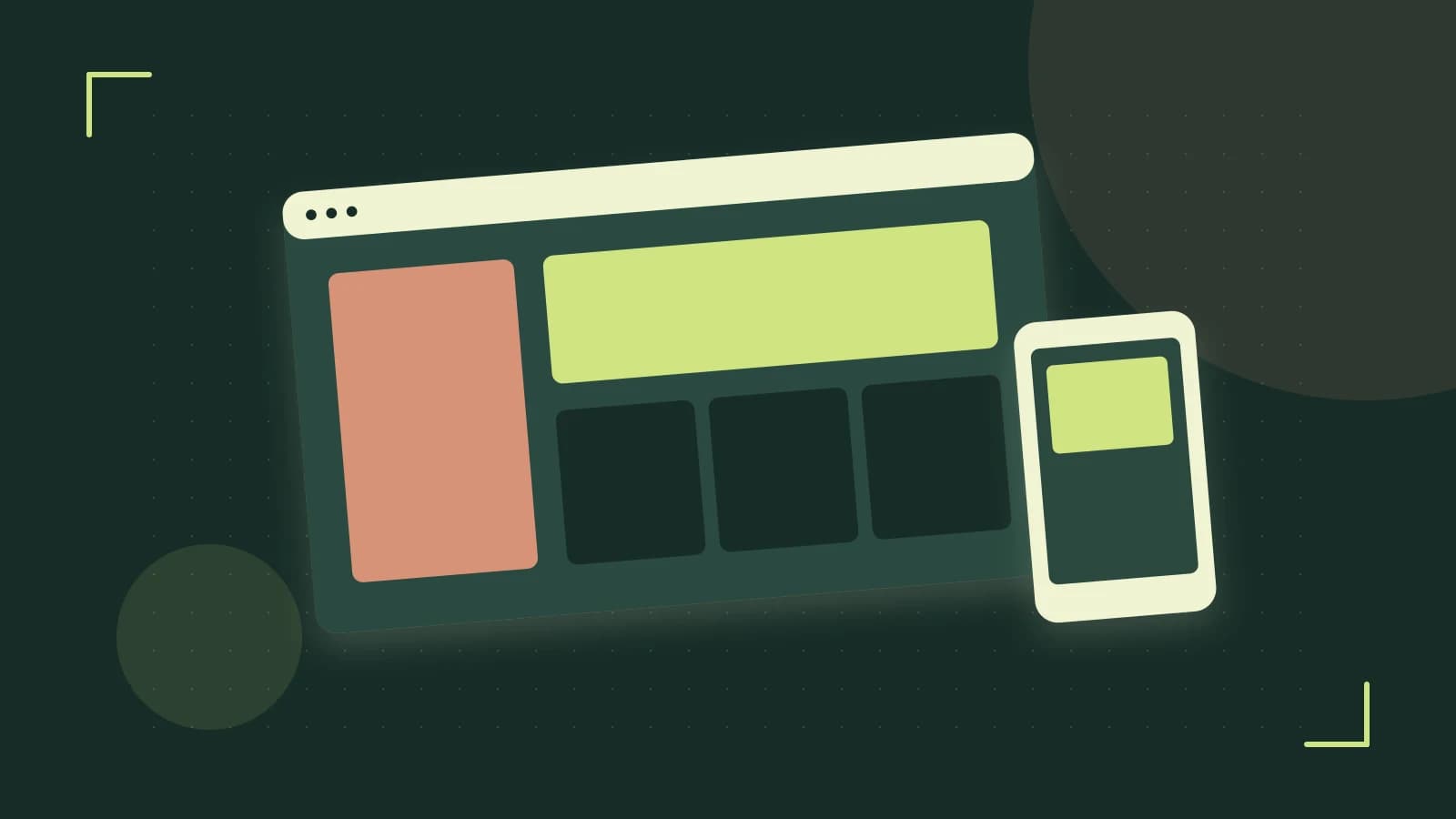 Editorial illustration of responsive browser layouts, overlapping design components and a color system