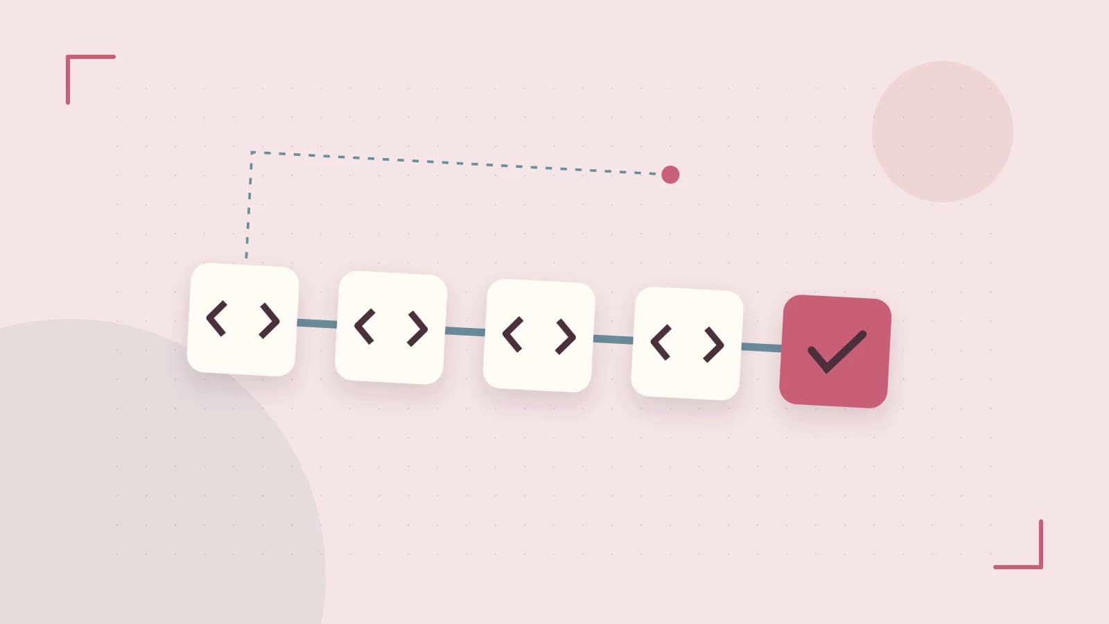 Editorial illustration of a branching build pipeline, staged transformations and a completed check