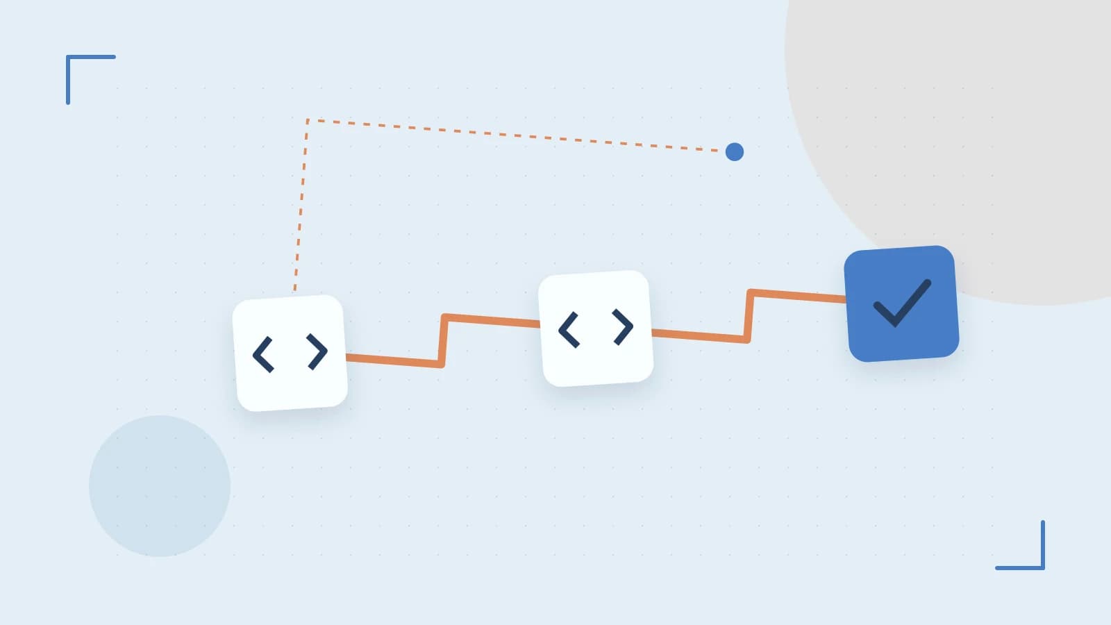 Editorial illustration of a branching build pipeline, staged transformations and a completed check
