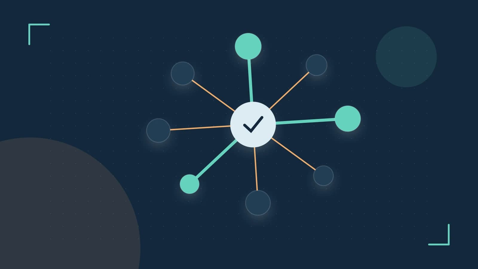 Editorial illustration of an algorithmic node graph with branching paths and a highlighted result