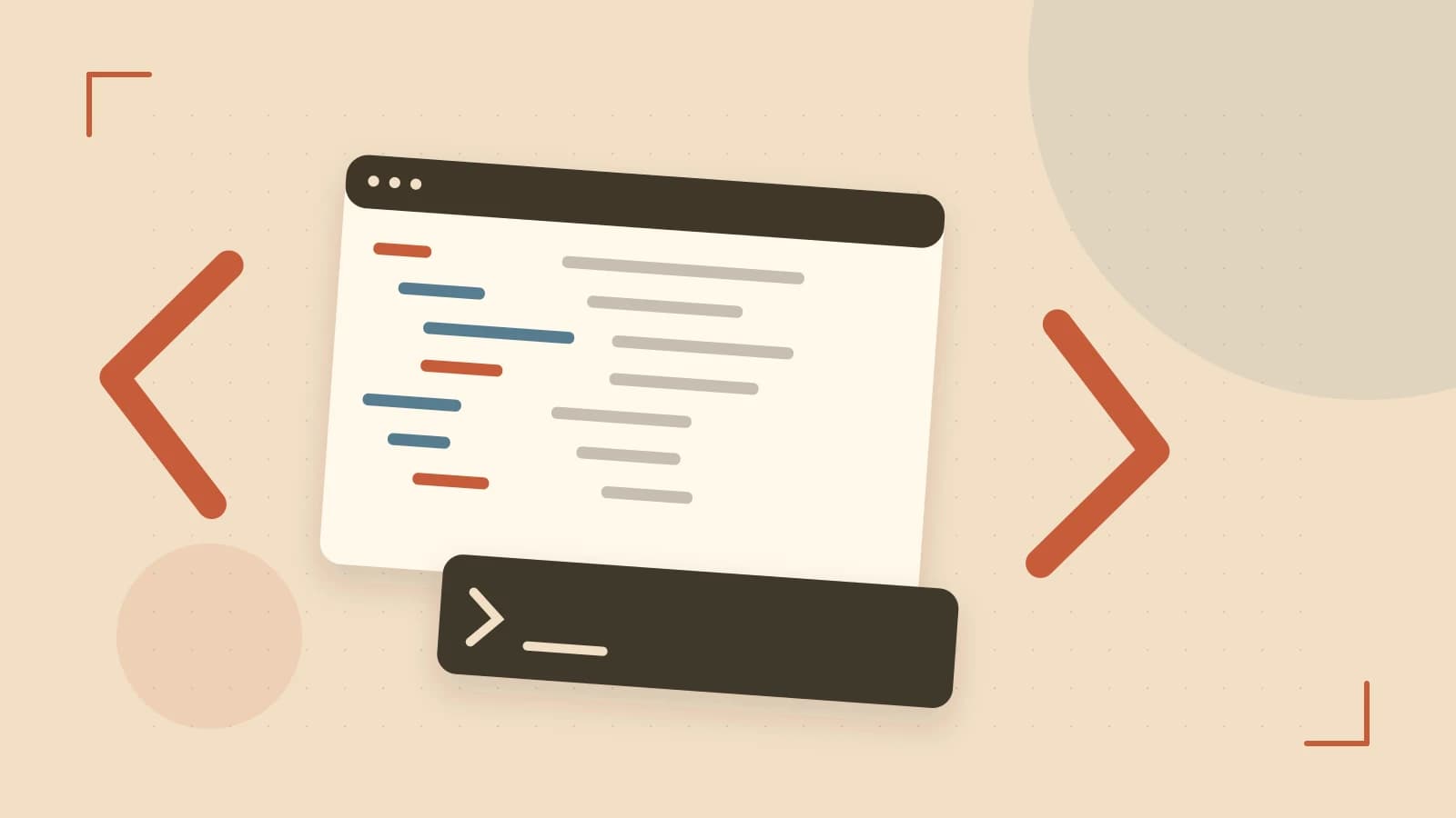 Editorial illustration of an abstract code editor, syntax blocks and oversized programming brackets