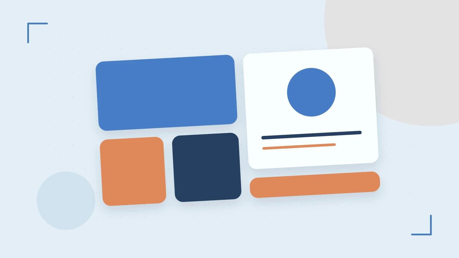 Editorial illustration of responsive browser layouts, overlapping design components and a color system