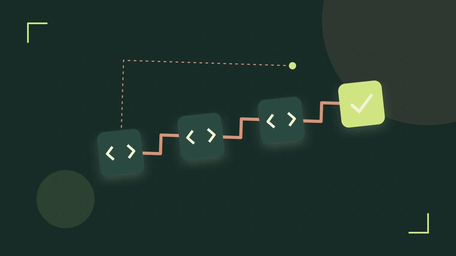 Editorial illustration of a branching build pipeline, staged transformations and a completed check