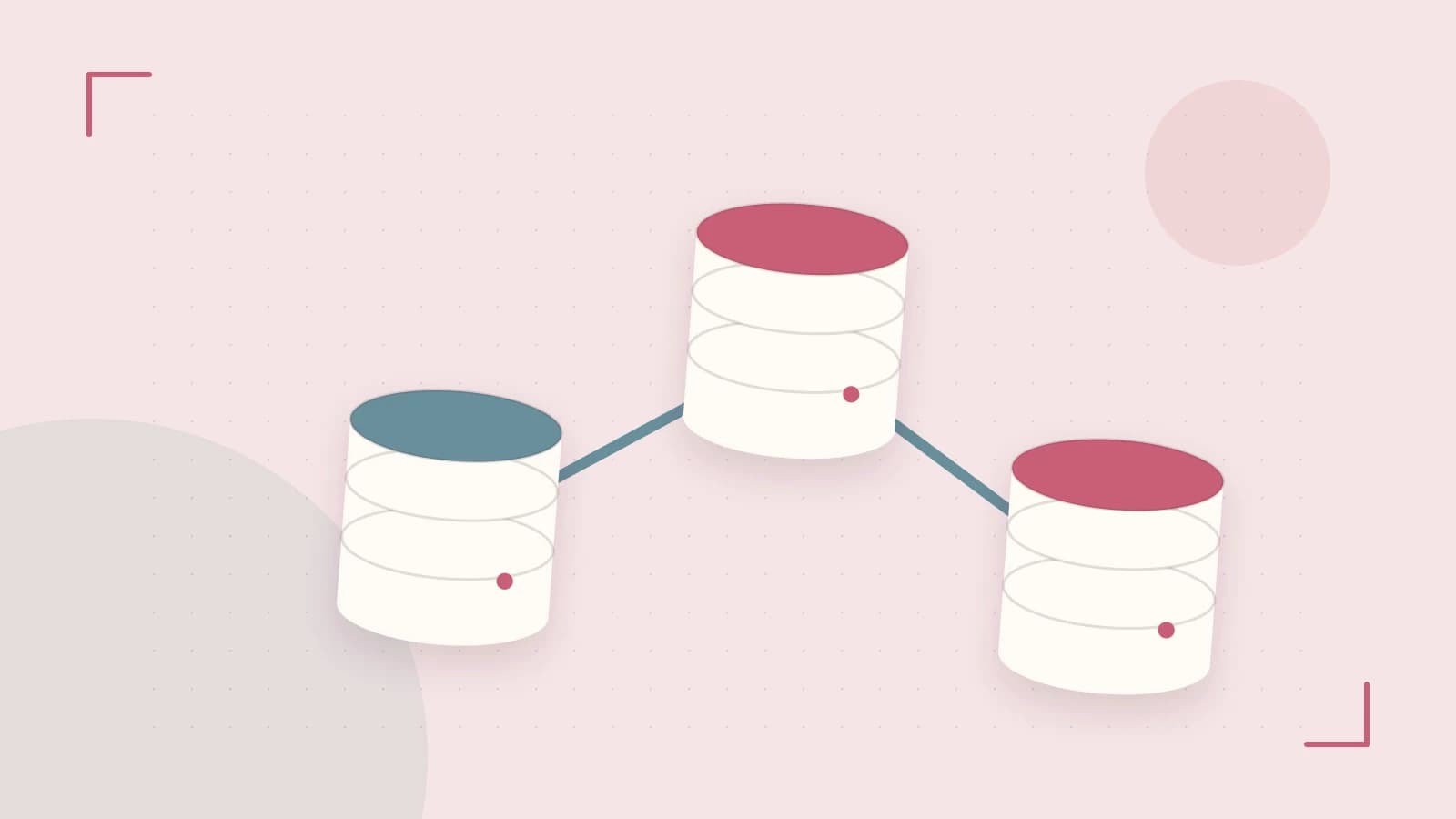 Editorial illustration of structured records, database cylinders and relationships between tables