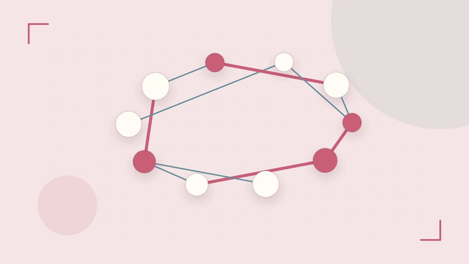 Editorial illustration of an algorithmic node graph with branching paths and a highlighted result