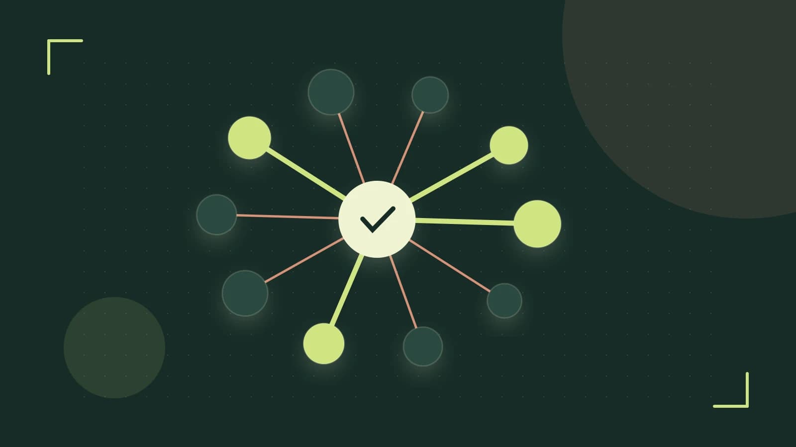 Editorial illustration of an algorithmic node graph with branching paths and a highlighted result